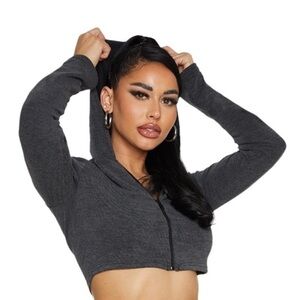 PrettyLittleThing PLT Shape Ribbed Crop Zip-Up Hoodie Gray Size 4